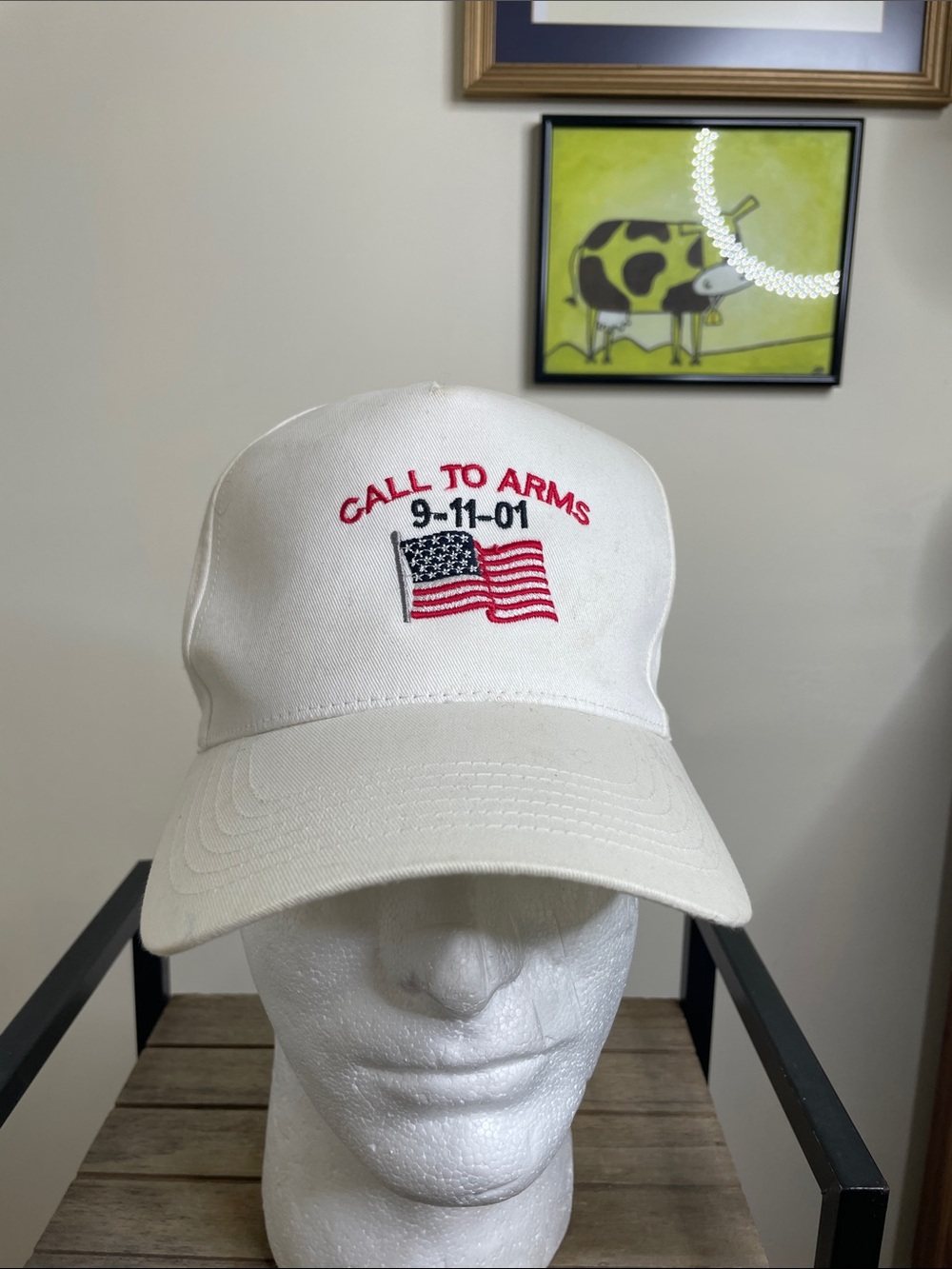 Call to Arms 9-11-01 White Embroidered Flag Baseball Cap